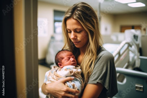 a young mom cradling her newborn baby while they are in the hospital