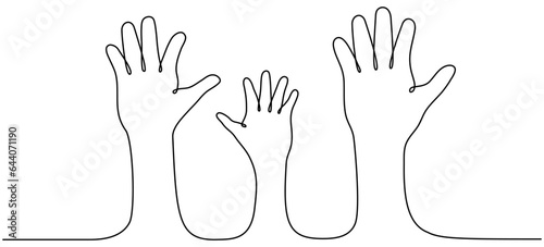 Hands raised up continuous line art drawn. Vector illustration isolated on white.