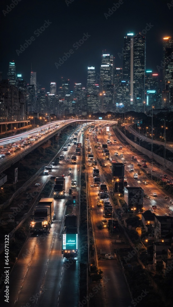 traffic on highway at night, photorealistic AI, city skyline at the background, Machine Driving traffic on highway at night, photorealistic AI, city skyline at the background, Machine Driving