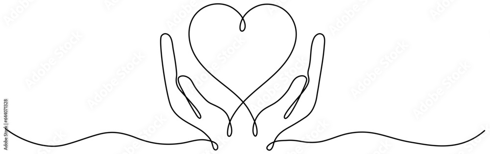 Hands holding heart continuous one line drawing. Charity donation linear symbol. Love support concept. Vector illustration isolated on white. - obrazy, fototapety, plakaty 