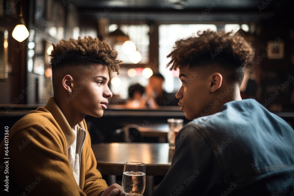 shot of two young men talking in a cafe shot of two young men talking in a cafe