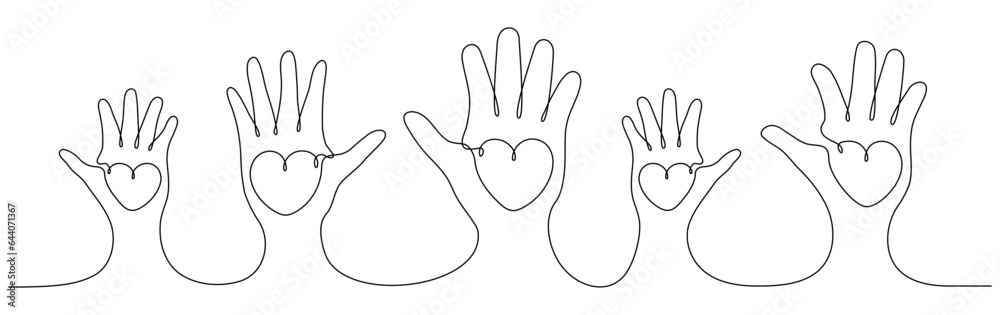 Obraz premium Continuous one line drawing family hands hold hearts. Mother, father and child. Parents and children love concept. Volunteers group. Vector isolated on white.