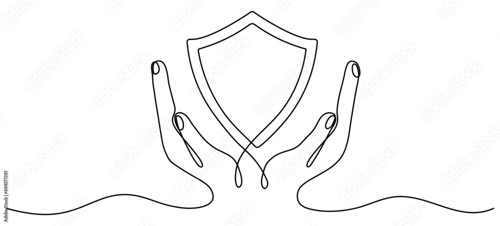 Hands holding shield badge continuous one line drawing. Guard protect linear symbol. Vector illustration isolated on white. Hands holding shield badge continuous one line drawing. Guard protect linear symbol. Vector illustration isolated on white.