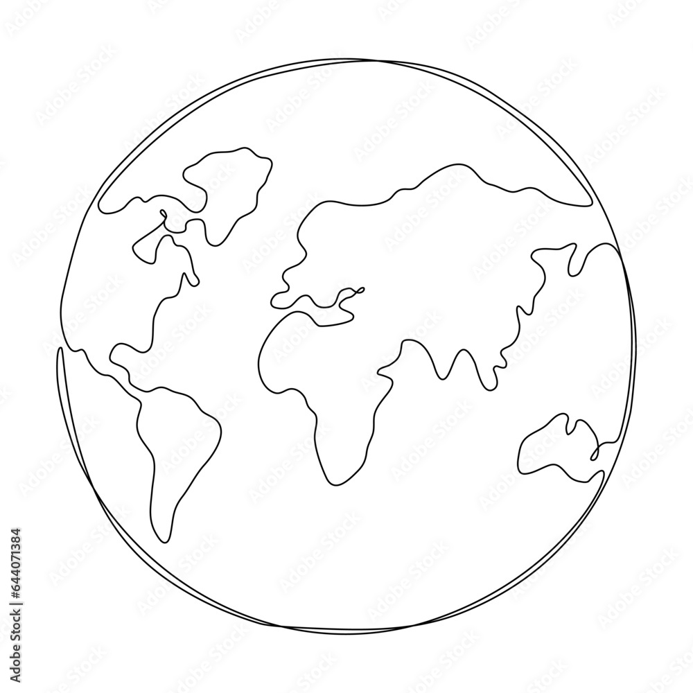 Earth globe continuous line art drawing. World map contour drawn symbol. Vector illustration isolated on white.
