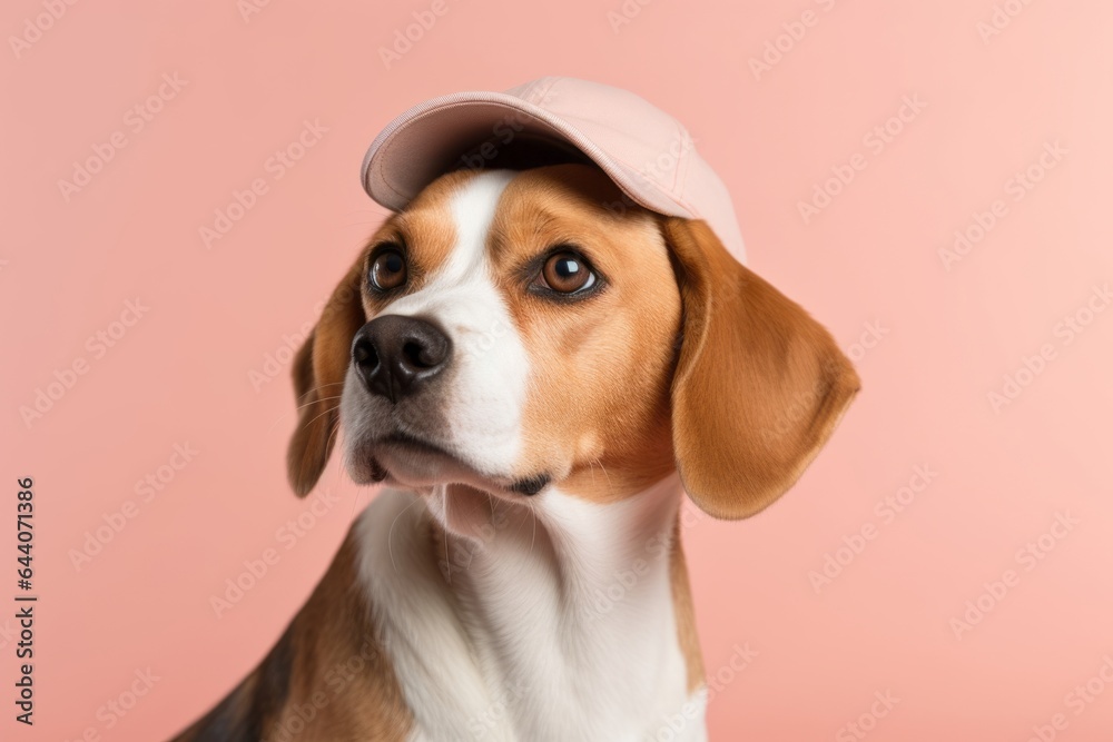 Medium shot portrait photography of a cute beagle wearing a cool cap against a pastel or soft colors background. With generative AI technology