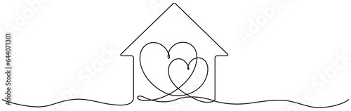 Two heart inside house continuous one line drawn. Love family home concept. Vector illustration isolated on white.
