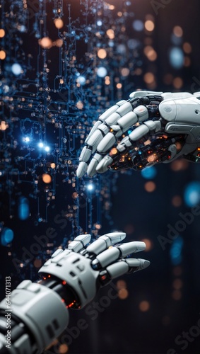 AI, Machine learning, Hands of robot and human touching on big data network connection background, Science and artificial intelligence technology, innovation and futuristic