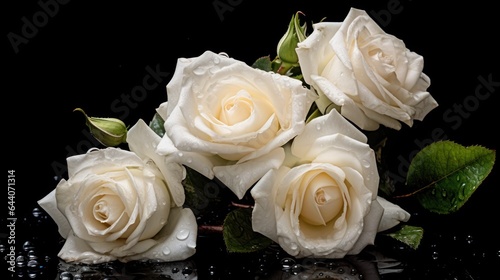 Beautiful white roses with drops of water on a black background. Mother s day concept with a space for a text. Valentine day concept with a copy space.