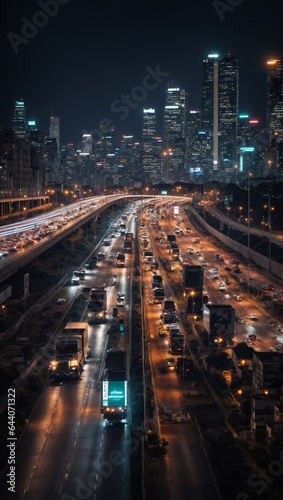 traffic on highway at night, photorealistic AI, city skyline at the background, Machine Driving