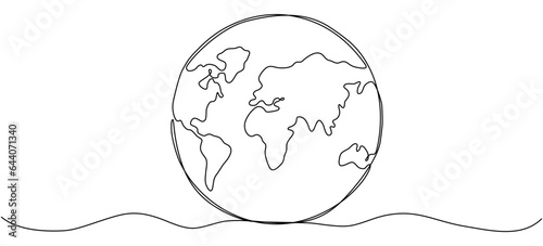 Continuous Earth line drawing symbol. World map one line art. Earth globe hand drawn. Vector illustration isolated on white background.