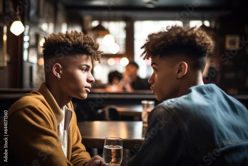 shot of two young men talking in a cafe