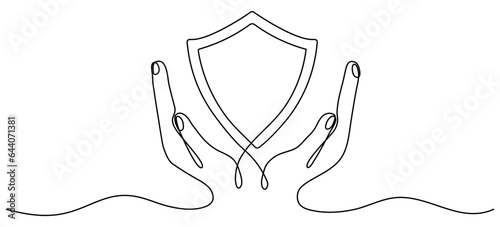 Hands holding shield badge continuous one line drawing. Guard protect linear symbol. Vector illustration isolated on white.