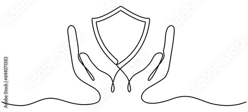 Hands holding shield badge continuous one line drawing. Guard protect linear symbol. Vector illustration isolated on white.