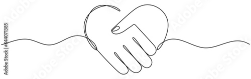 Handshake in heart shape continuous line drawing. Love shaking hands. Business deal linear symbol. Vector illustration isolated on white.