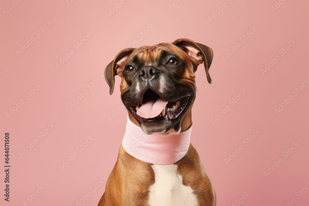 Studio portrait photography of a smiling boxer dog wearing a bandage against a pastel or soft colors background. With generative AI technology