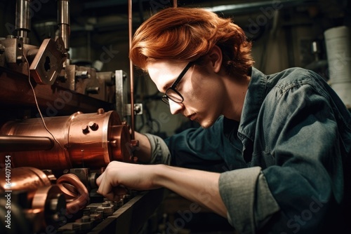 shot of a young man using a lathe to work on copper