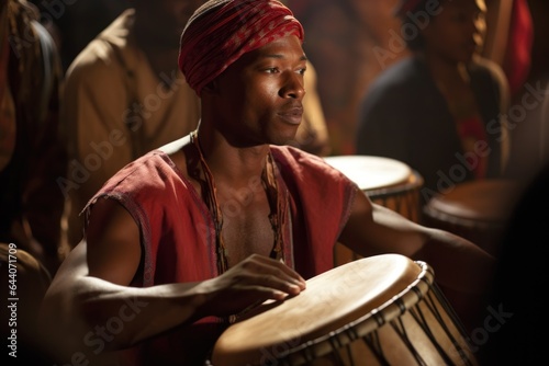 shot of a musician playing a drum at an ethnic dance event