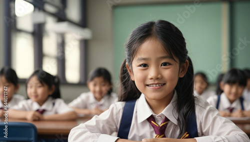 Bellissima bambina asiatica durante una lezione in classe alla scuola elementare