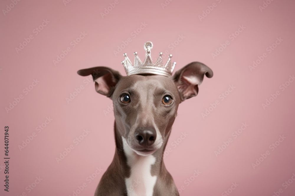 Full-length portrait photography of a happy italian greyhound dog wearing a princess crown against a pastel or soft colors background. With generative AI technology