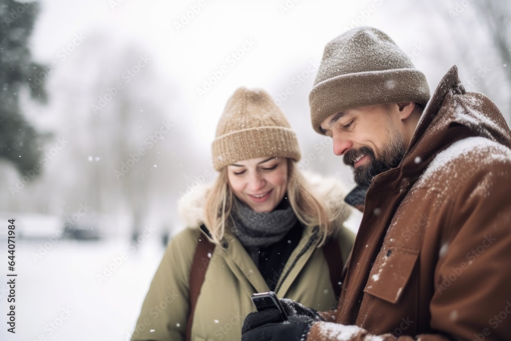 cropped shot of a couple using a cellphone in the snow cropped shot of a couple using a cellphone in the snow