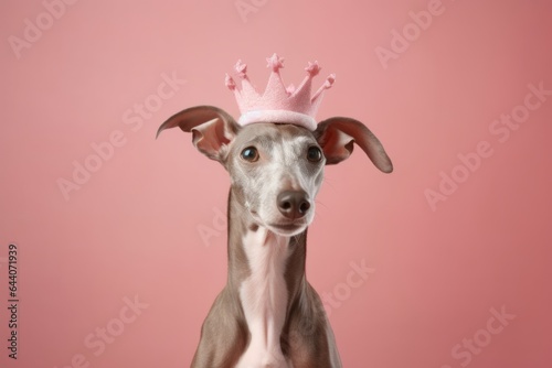 Full-length portrait photography of a happy italian greyhound dog wearing a princess crown against a pastel or soft colors background. With generative AI technology © Markus Schröder