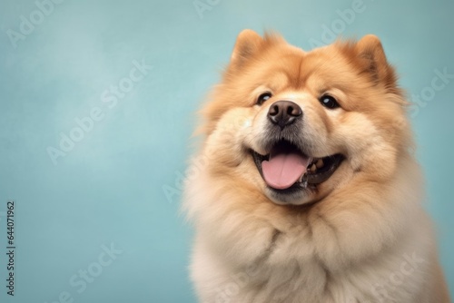 Medium shot portrait photography of a smiling chow chow dog wearing a sailor suit against a pastel or soft colors background. With generative AI technology