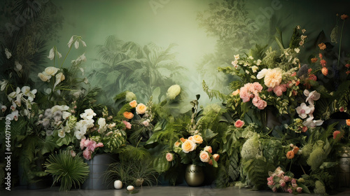 Botanical Harmony, lush botanical elements like flowers, leaves, or plants arranged harmoniously to create an organic wallpaper design. AI generative