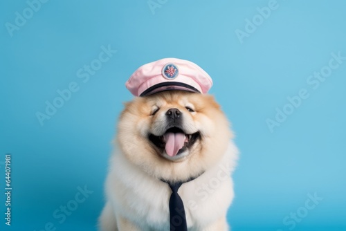 Medium shot portrait photography of a smiling chow chow dog wearing a sailor suit against a pastel or soft colors background. With generative AI technology photo