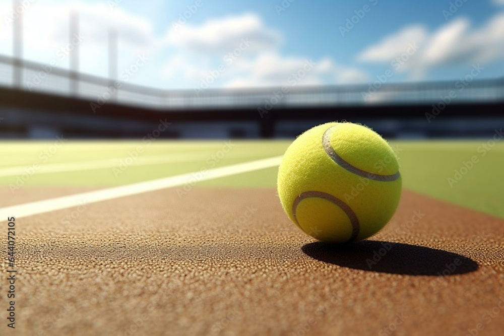 Tennis ball rendered in 3D, positioned outside of tennis court. Generative AI