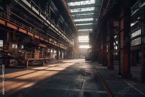 Spacious interior of a large industrial factory with massive machinery and metallic structures. Generative AI