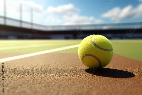Tennis ball rendered in 3D, positioned outside of tennis court. Generative AI © Eudora
