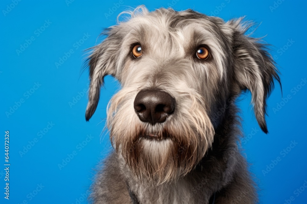 Medium shot portrait photography of a funny irish wolfhound dog wearing a paw protector against a royal blue background. With generative AI technology