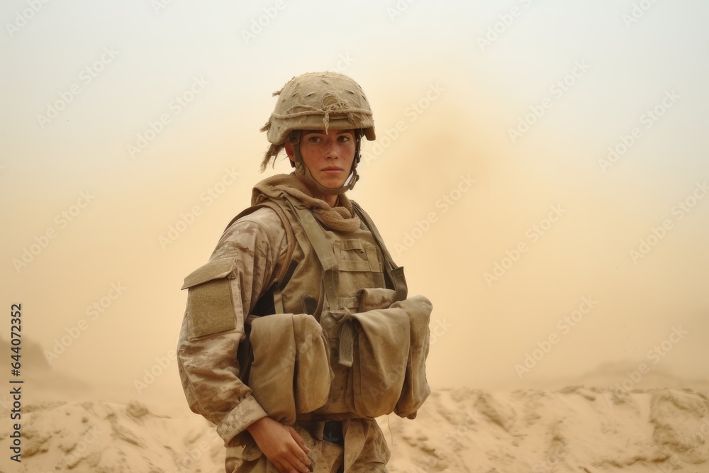 shot of a young soldier standing outdoors in the sand storm shot of a young soldier standing outdoors in the sand storm