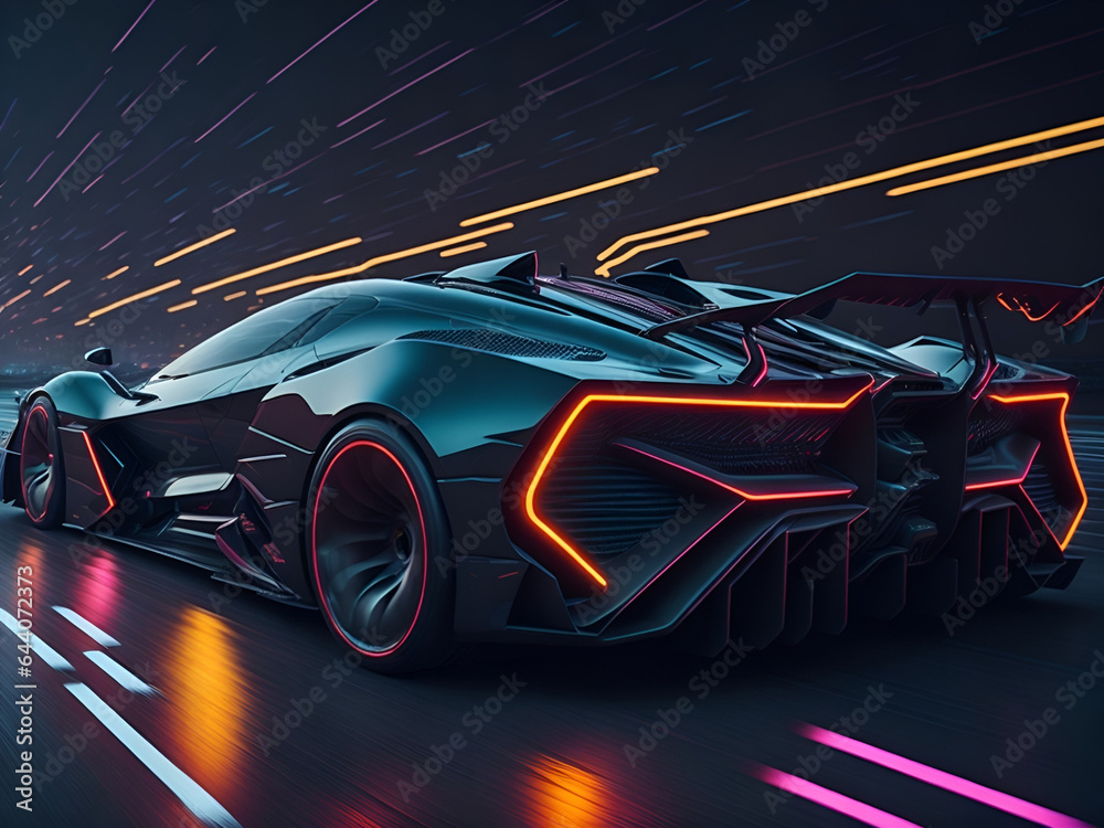 Futuristic Sports Car On Neon Highway. Powerful acceleration of a supercar with colorful lights trails.