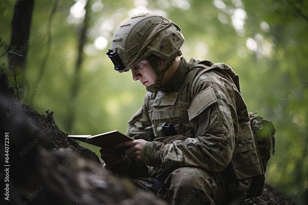 Obraz premium shot of a soldier using a digital tablet
