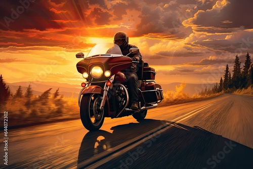 Motorcycle rider riding on the road at sunset. ai generative