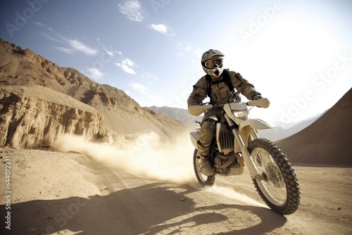 shot of a soldier riding his motorcycle over rugged terrain