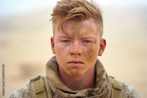 shot of a young soldier standing outdoors in the sand storm