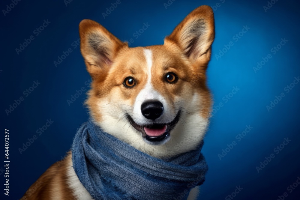 Medium shot portrait photography of a happy norwegian lundehund wearing a warm scarf against a royal blue background. With generative AI technology Medium shot portrait photography of a happy norwegian lundehund wearing a warm scarf against a royal blue background. With generative AI technology