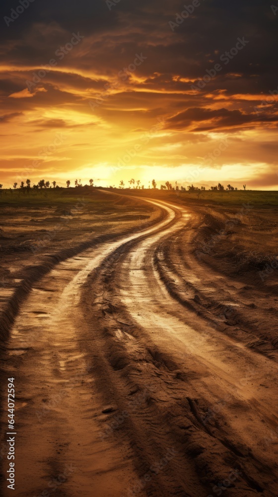 A dirt road with a sunset in the background