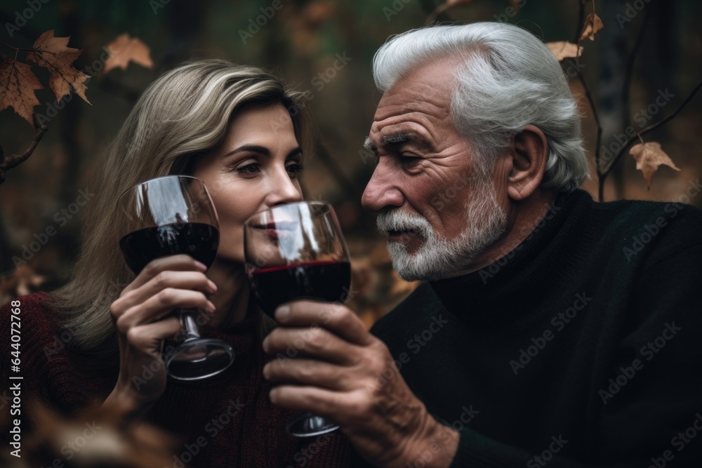 shot of a couple drinking wine in the forest shot of a couple drinking wine in the forest