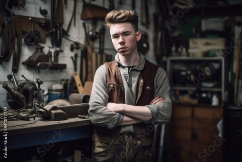 a young man standing in his workshop