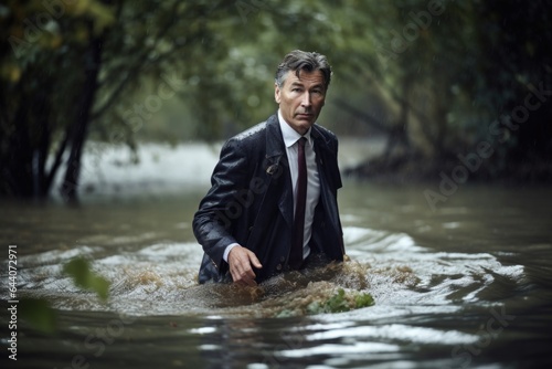 shot of a businessman wading through floodwater
