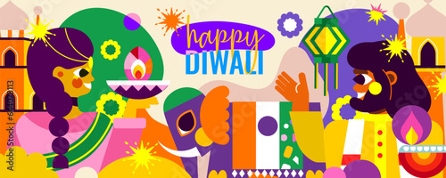 Immerse yourself in the celebration of Diwali with this modern illustration  A cheerful Indian couple  an elephant and a sea of       lights. Experience the essence of Diwali in one design 