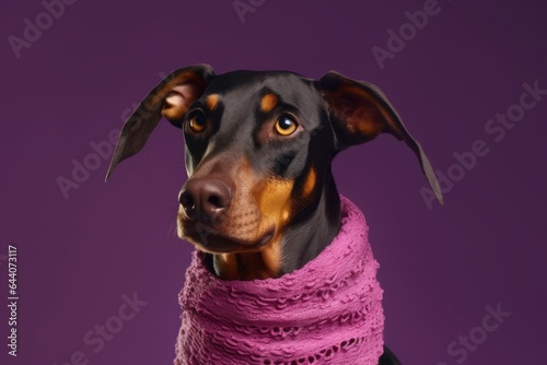 Medium shot portrait photography of a smiling doberman pinscher wearing an anxiety wrap against a vibrant purple background. With generative AI technology