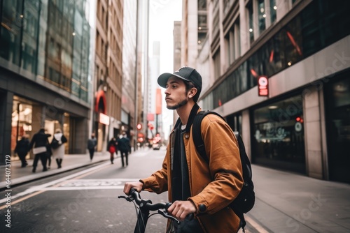 shot of a young man navigating his way through the city on an electric scooter