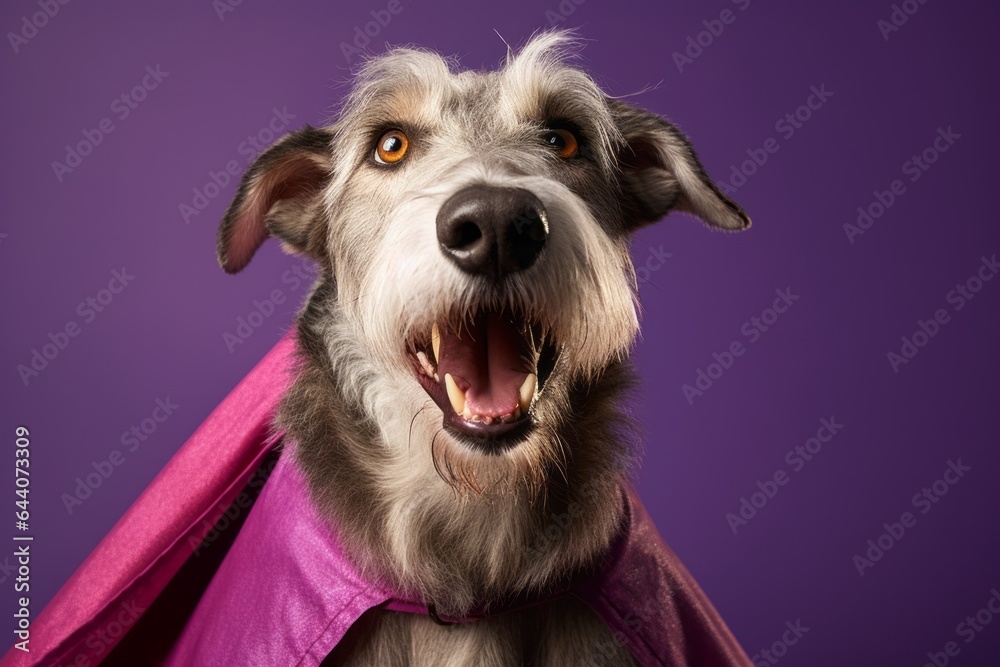 Close-up portrait photography of a happy irish wolfhound dog wearing a superhero cape against a vibrant purple background. With generative AI technology