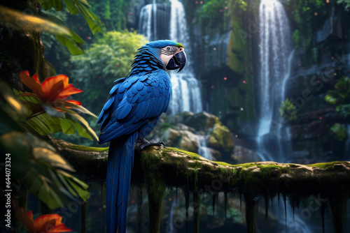 Blue parrot in the forest sitting on a branch photo