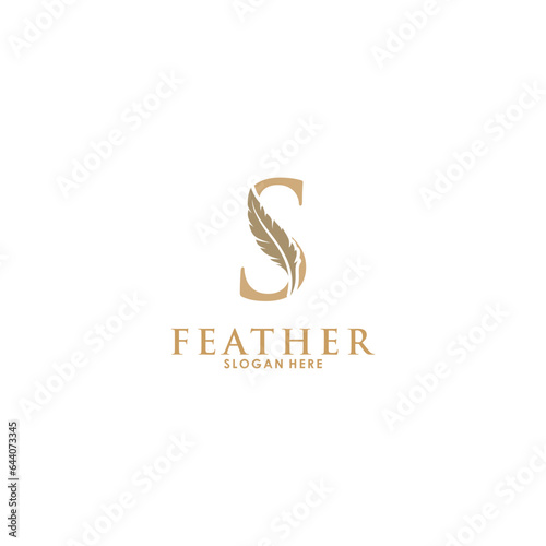 Initial letter S logo with Feather Luxury gold, Initial Feather Logo template