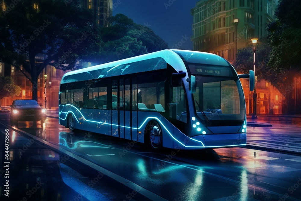 Self-driving electric city bus operates at night. Generative AI